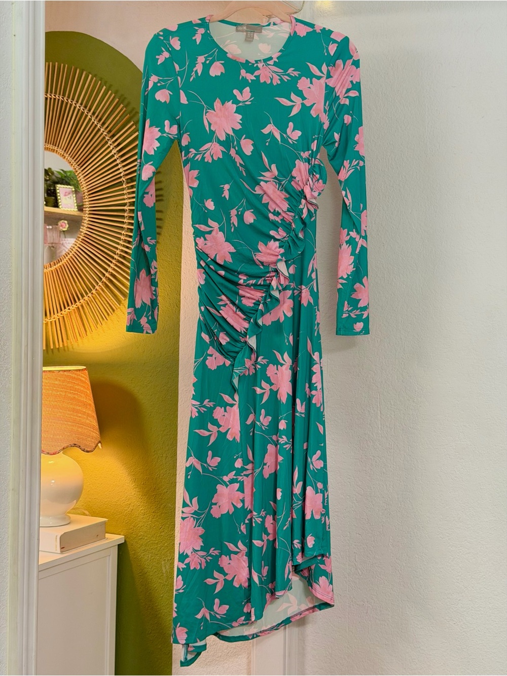 ASOS teal&pink floral asymmetrical ruched dress